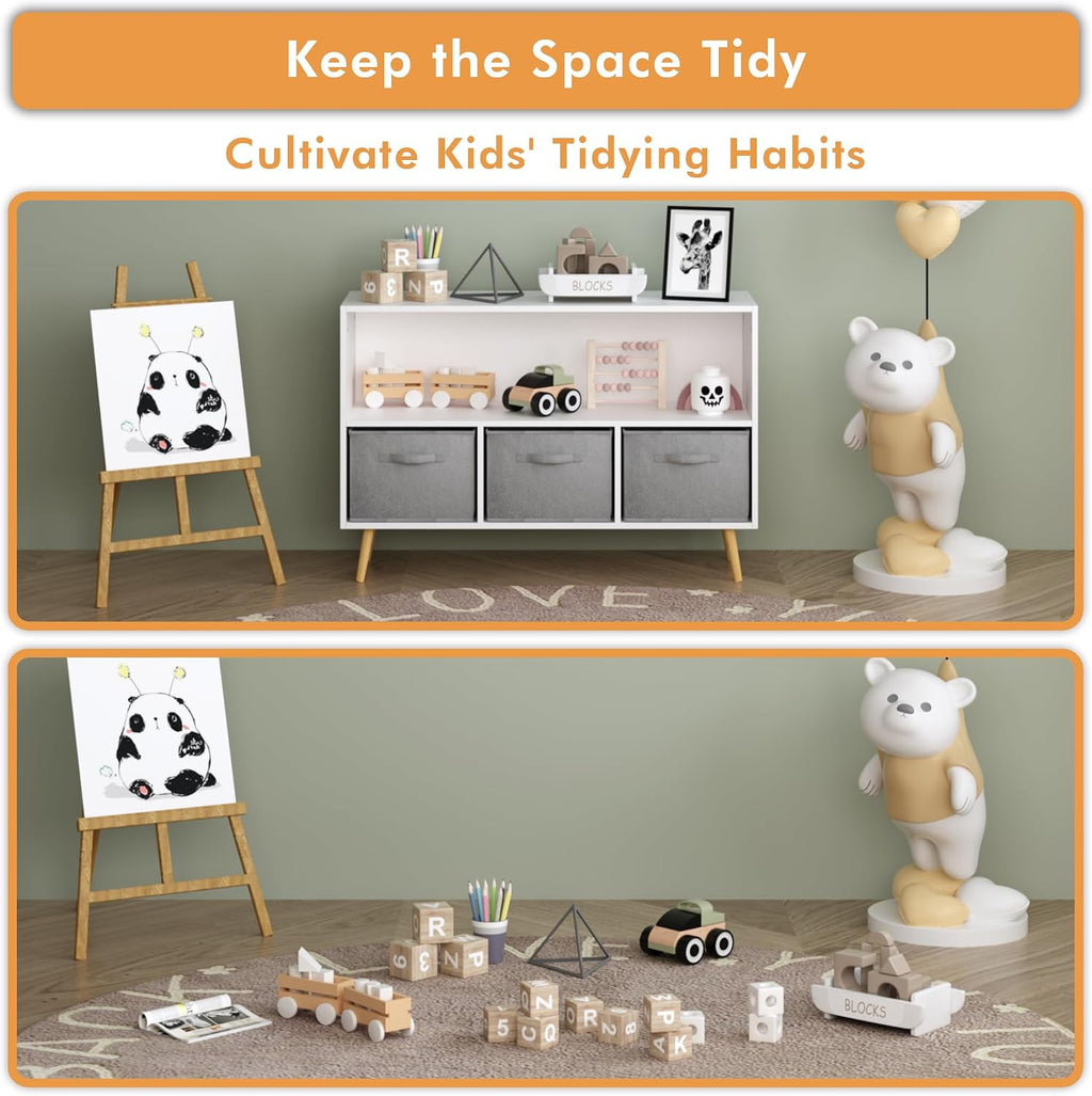 Kids Bookcase, Multi Shelf Cubby with 3 Collapsible Fabric Drawers, 3-in-1 Toy Storage Cabinet Organizer, Wooden Kids Book Display for Bedroom, Nursery, Playroom, White+Gray