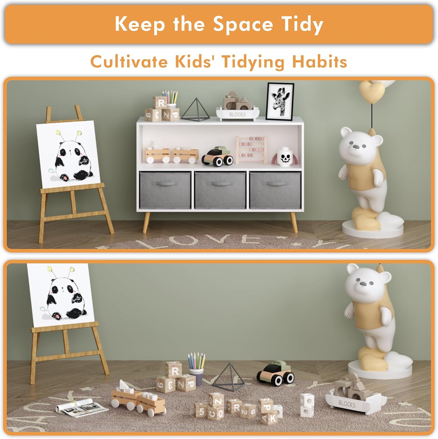 Kids Bookcase, Multi Shelf Cubby with 3 Collapsible Fabric Drawers, 3-in-1 Toy Storage Cabinet Organizer, Wooden Kids Book Display for Bedroom, Nursery, Playroom, White+Gray