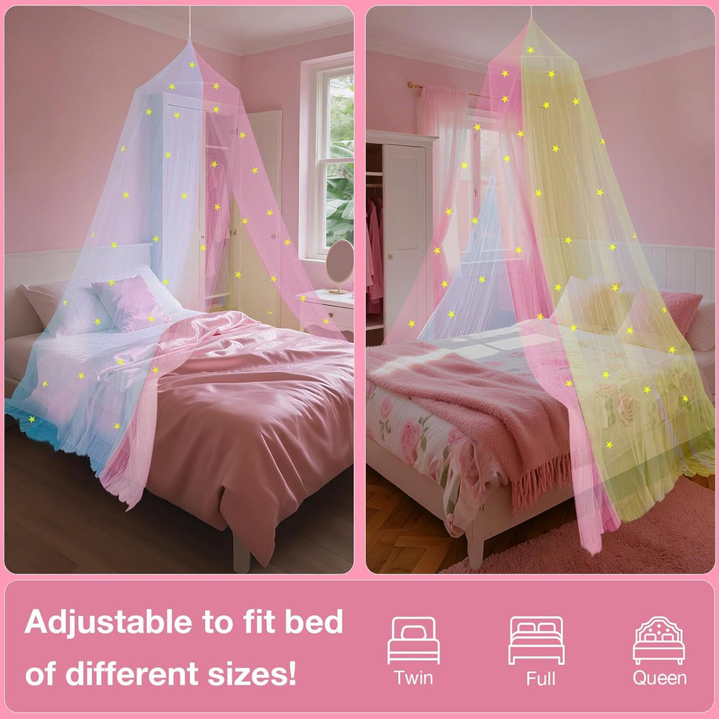 Princess Rainbow Bed Canopy for Girls with Glow-in-the-Dark Stars, Colorful Canopy Net Fits Most Single, Twin, Full and Queen Size Bed, Bedroom Accessories