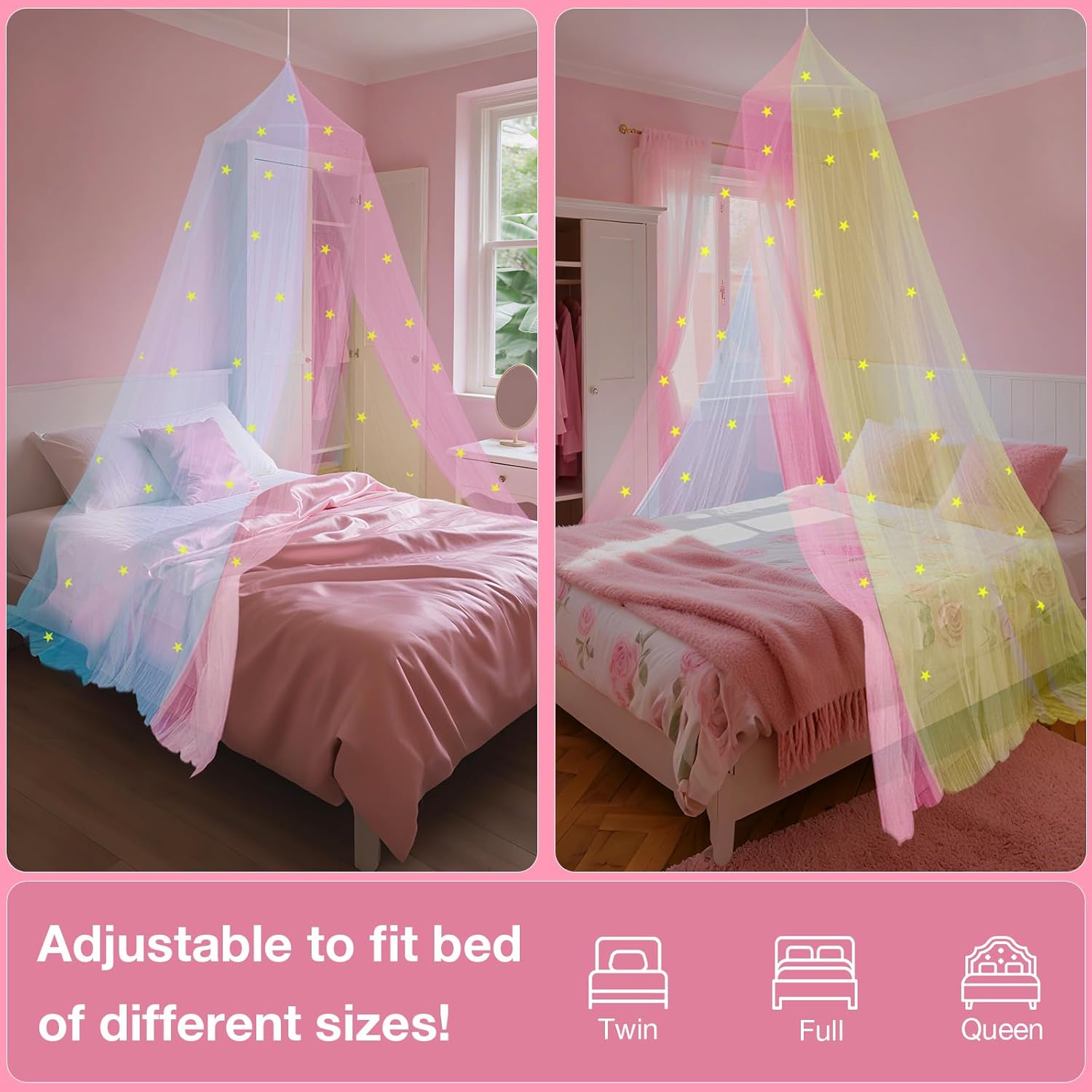 Princess Rainbow Bed Canopy for Girls with Glow-in-the-Dark Stars, Colorful Canopy Net Fits Most Single, Twin, Full and Queen Size Bed, Bedroom Accessories