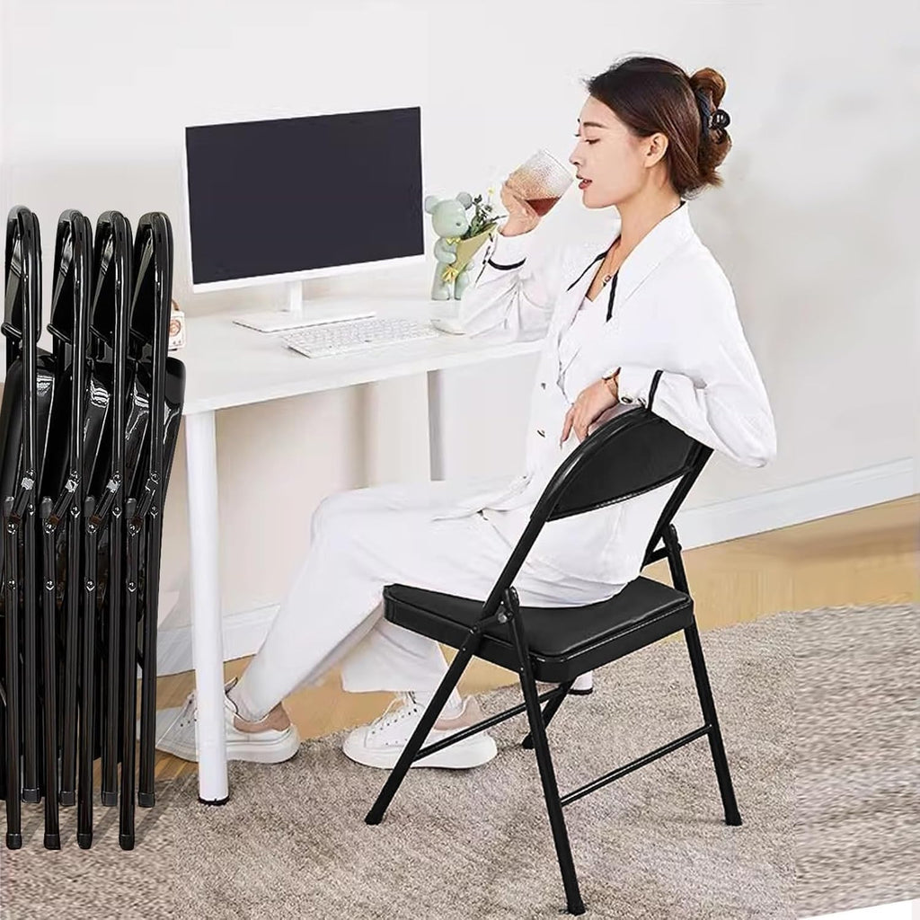 Folding Chair, Leather Padded Folding Sturdy Metal Foldable, Easy to Use and Store,(Black)