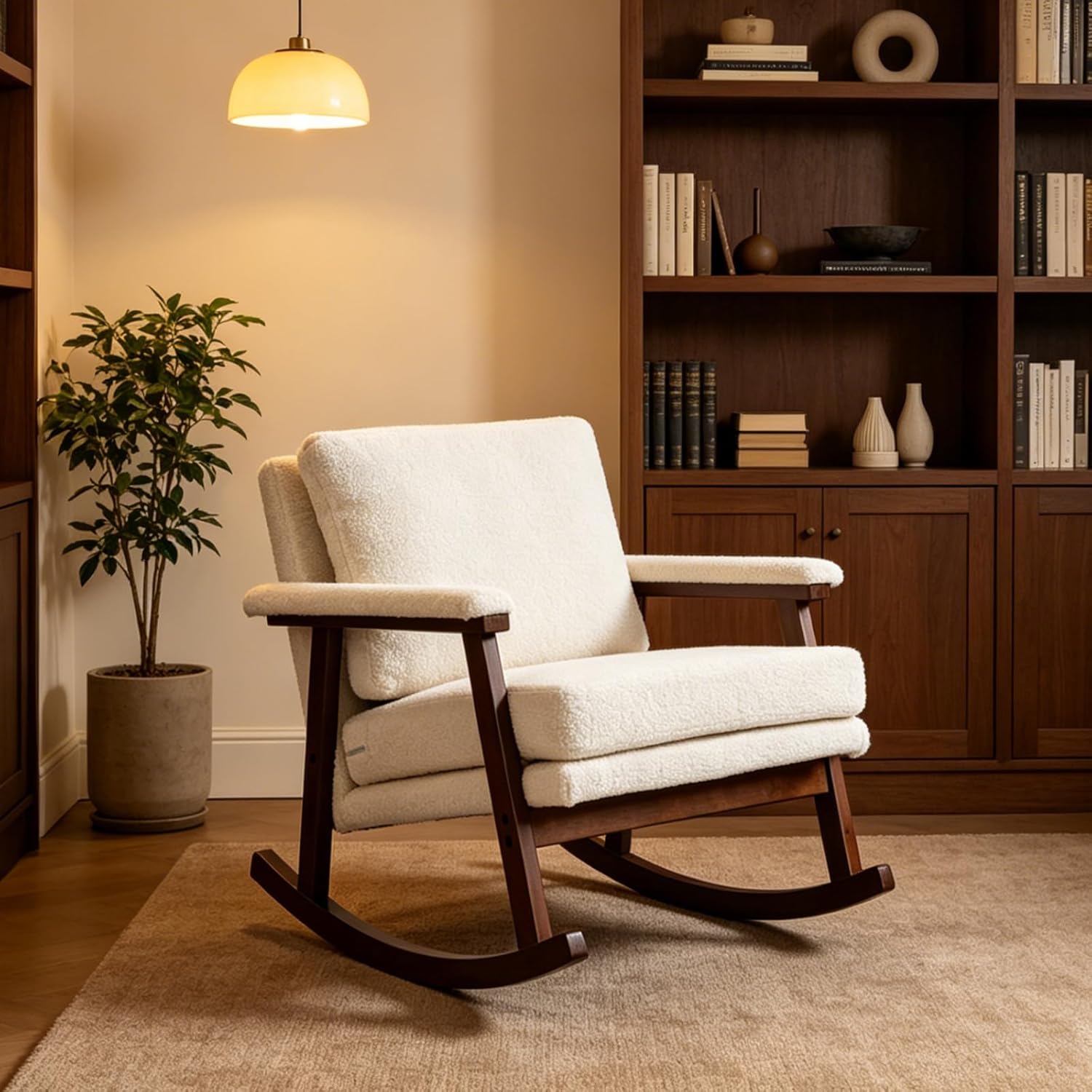 Nursery Rocking Chair with Upholstered Cushion, Wooden Frame Glider Rocker for Nursery, Comfortable Reading Armchair for Living Room, Bedroom & Sunroom (Antique White)