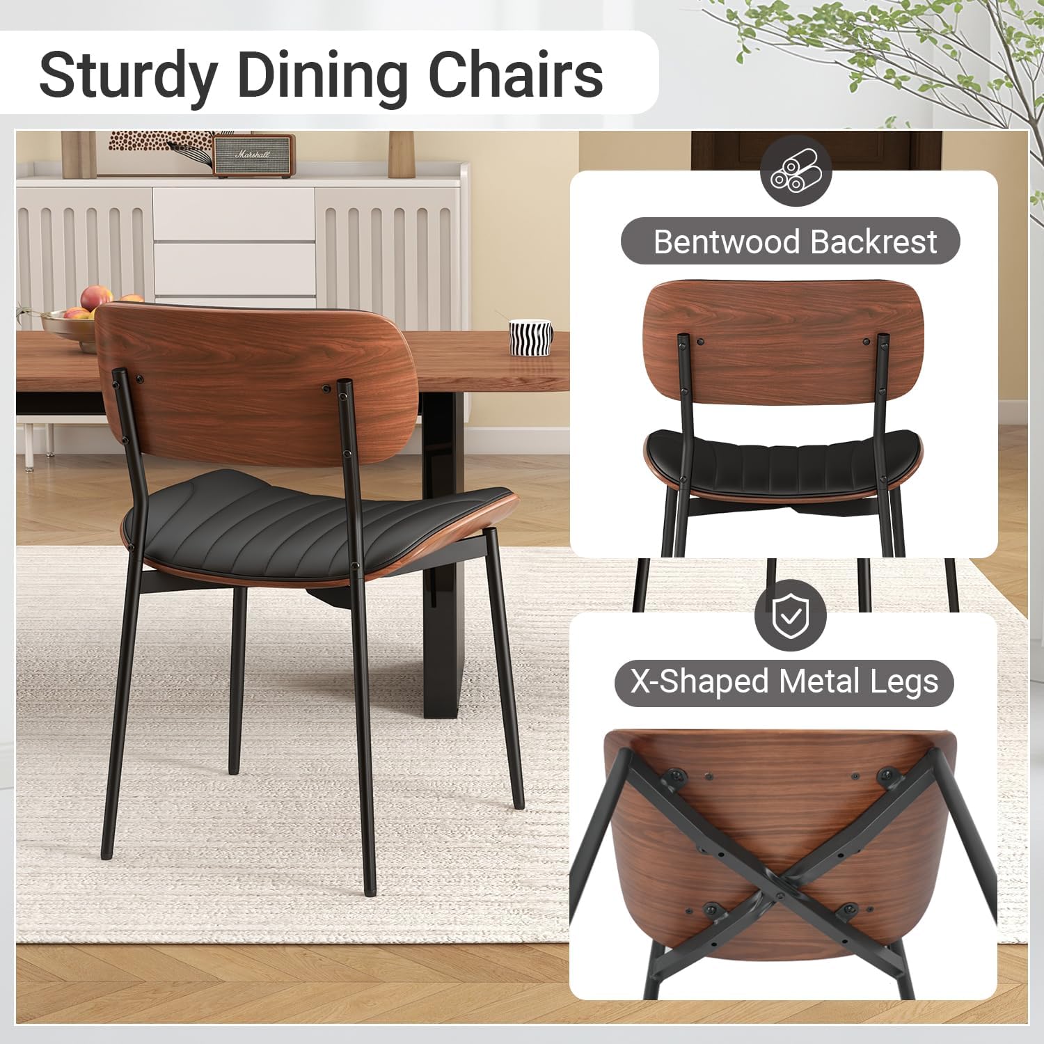 Mid Century Modern Dining Chairs Set of 2,Upholstered Faux Leather Kitchen Chairs with Walnut Bentwood Back and Metal Legs for Kitchen Dining Room Living Room, Black