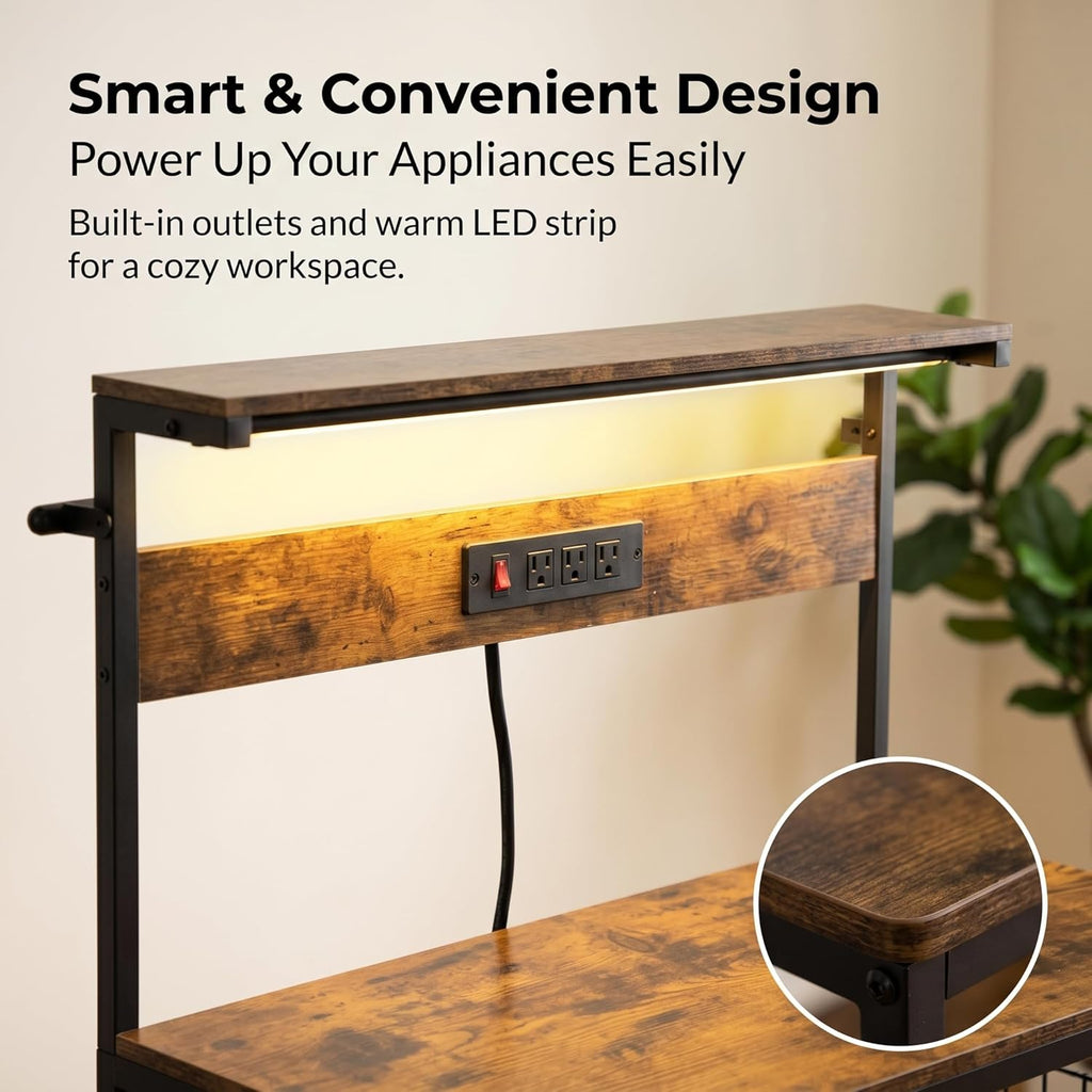 Antok Kitchen Baker's Rack with Power Outlets & USB Ports, 4-Tier Adjustable Microwave Stand, Industrial Kitchen Storage Shelf with Side Wire Baskets