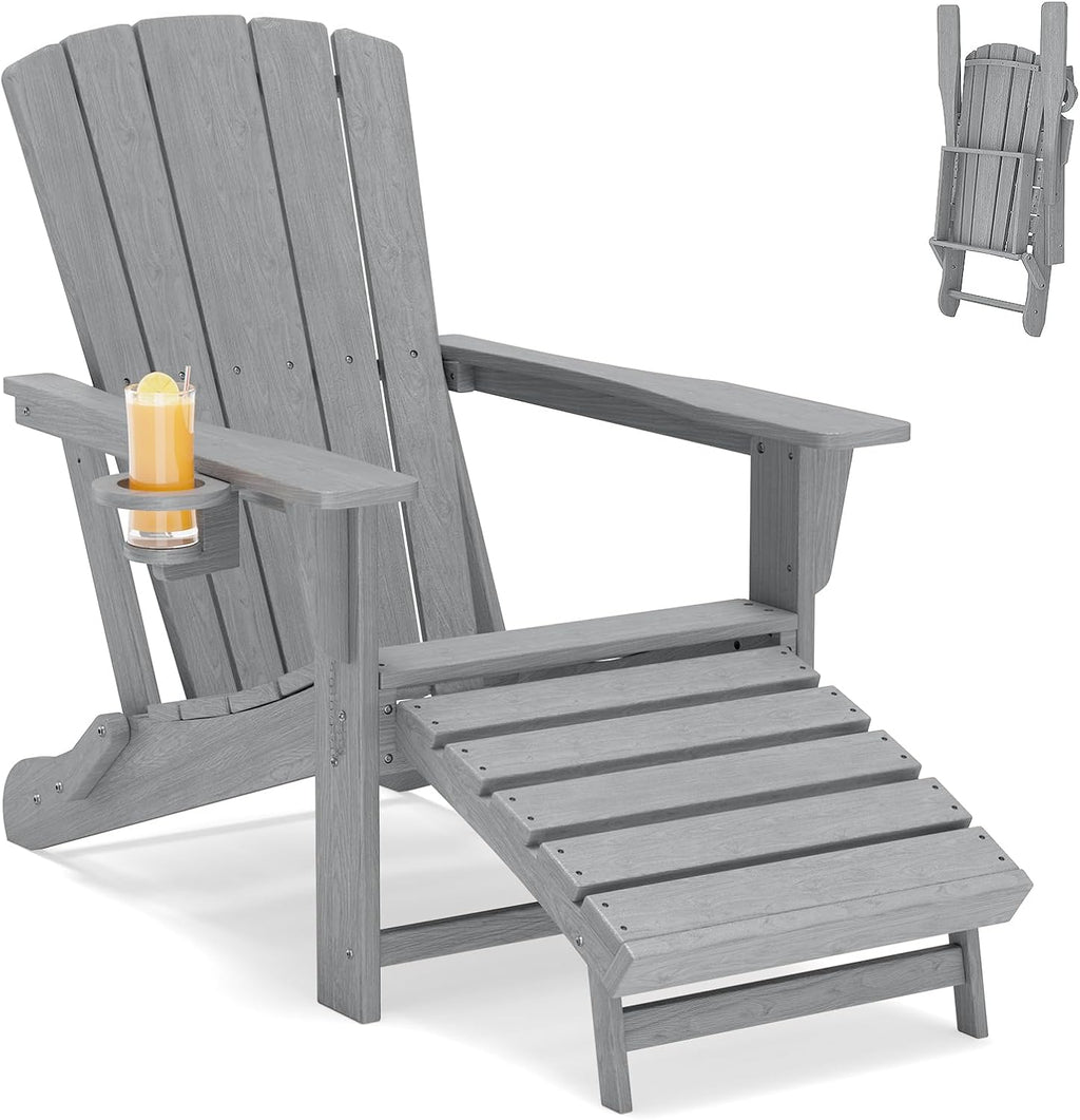 Folding Adirondack Chair with Retractable Ottoman,HDPE Outdoor Adirondack Chair with Cup Holder,All-Weather Lounge Chairs for Outside,Patio,Pool,Fire Pit,Grey