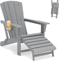 Folding Adirondack Chair with Retractable Ottoman,HDPE Outdoor Adirondack Chair with Cup Holder,All-Weather Lounge Chairs for Outside,Patio,Pool,Fire Pit,Grey