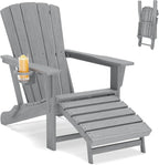 Folding Adirondack Chair with Retractable Ottoman,HDPE Outdoor Adirondack Chair with Cup Holder,All-Weather Lounge Chairs for Outside,Patio,Pool,Fire Pit,Grey