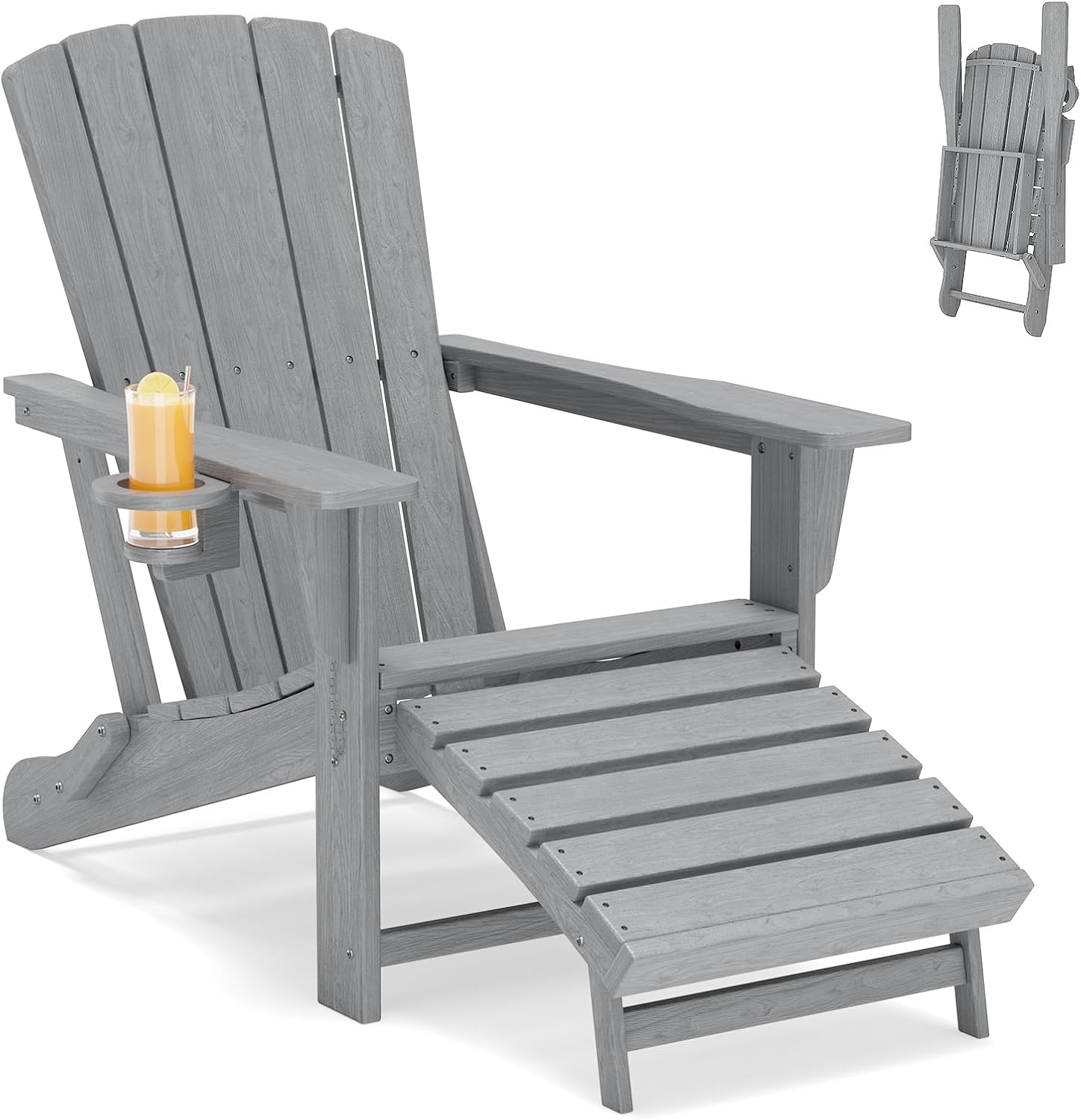Folding Adirondack Chair with Retractable Ottoman,HDPE Outdoor Adirondack Chair with Cup Holder,All-Weather Lounge Chairs for Outside,Patio,Pool,Fire Pit,Grey