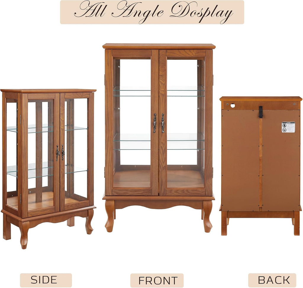 44" Small Lighted Glass Accent Curio Cabinet, Vintage China Cage with 2 Tempered Glass Doors & Adjustable Shelves, Acrylic Mirrored Pane, Elegant Wine Artwork Showcase Rack for Living Room (Dark Oak)