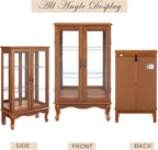 44" Small Lighted Glass Accent Curio Cabinet, Vintage China Cage with 2 Tempered Glass Doors & Adjustable Shelves, Acrylic Mirrored Pane, Elegant Wine Artwork Showcase Rack for Living Room (Dark Oak)