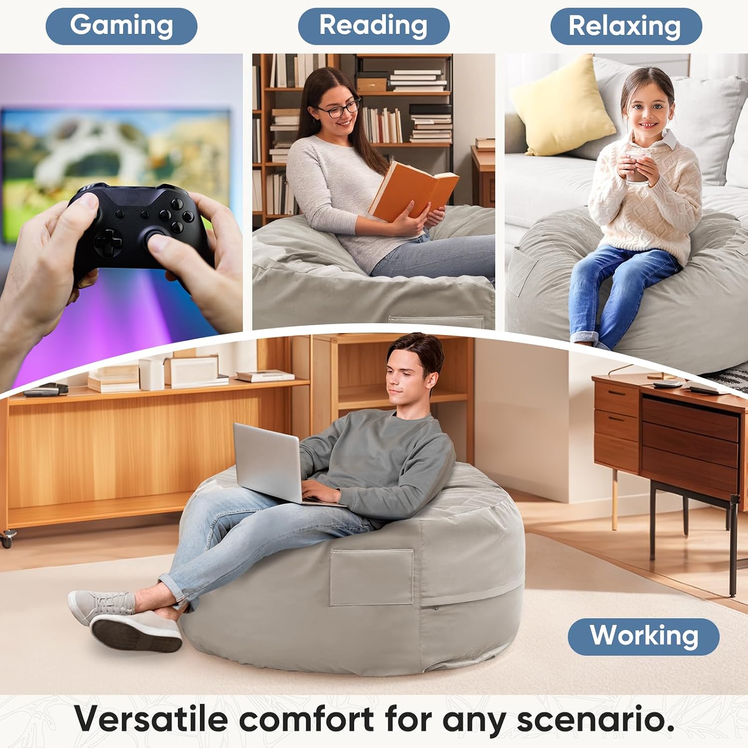 DUMOS 4FT Bean Bag Chair Beanbag for Adults and Kids Oversized Lazy Sofa Living Room Furniture with Removable Washable Cover Giant Comfy Gaming Chair Round Couch for Bedroom Dorm, Grey