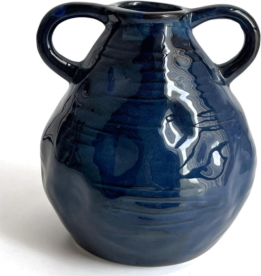 LIFFY Blue Ceramic Vase for Flowers, 6.3 Inch Tall Modern Farmhouse Centerpiece with Double Handles, Vintage Rustic Decorative Vases Home Table Decor (Navy Blue)