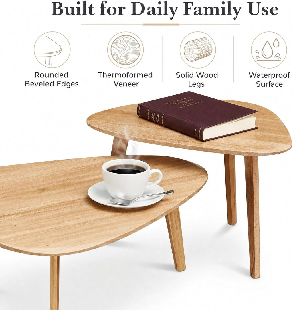 Nesting Coffee Table Set of 2-Mid Century Modern Wooden Coffee Table,Guitar Pick Stacking Tables with Solid Wood Legs,Small Coffee Tables for Small Spaces,Living Room,Balcony (Natural)