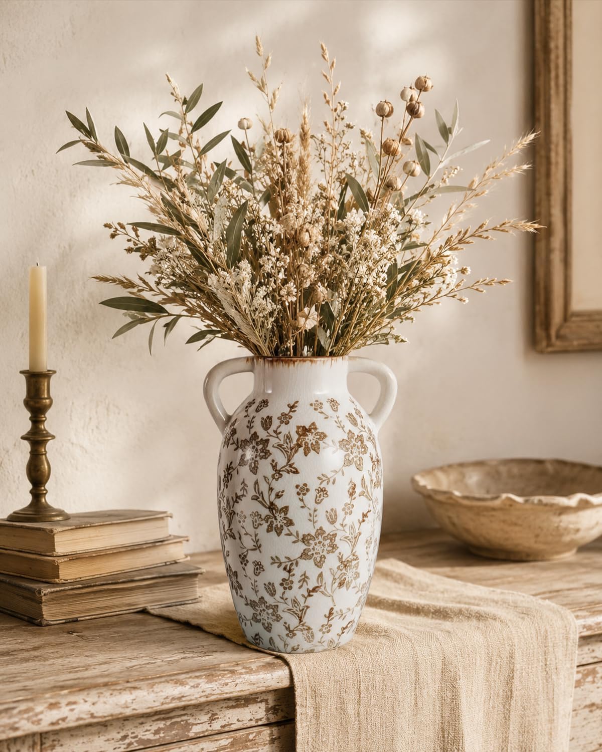Vintage Brown Floral Vase with Handles, 9.45 Inch Ceramic Boho Decor | Crackle glaze finish for farmhouse table centerpieces and chinoiserie home styling