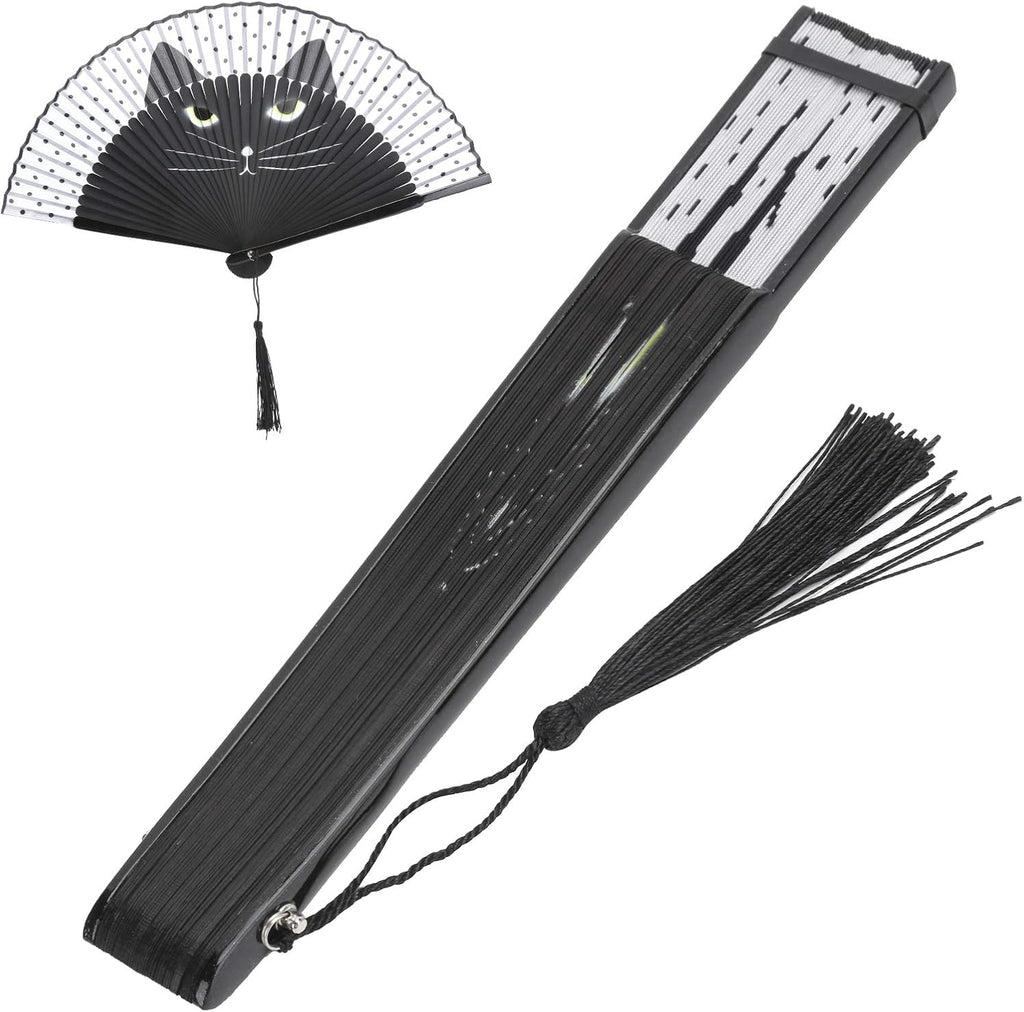 Cat Folding Fan, Japanese Style Hand Held Painted Bamboo Fan with Fluent Opening Closing Sound, for Dancing Wedding Party Gift