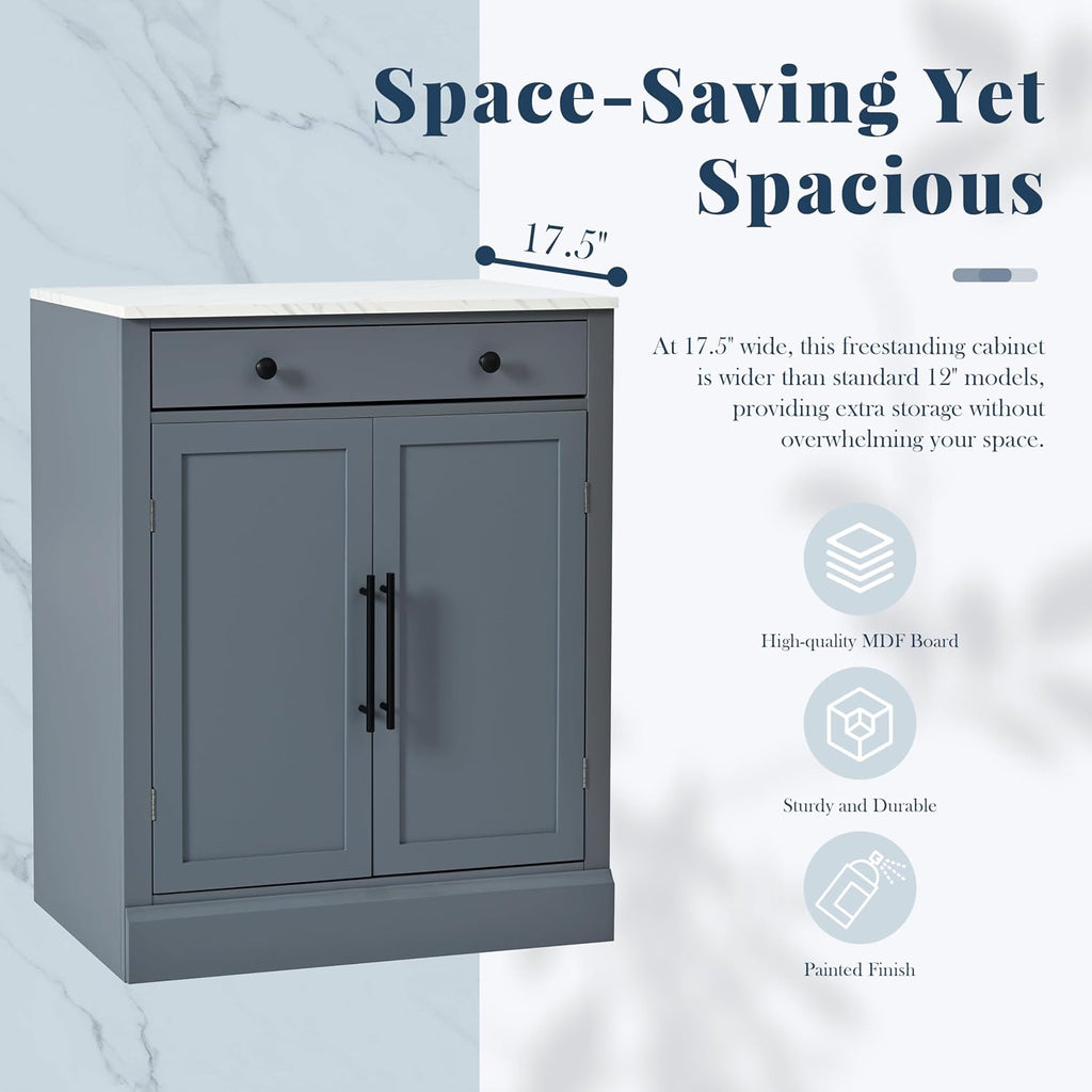 Modern Freestanding Kitchen Pantry & Buffet Food Storage Cabinet with Drawer, 2 Adjustable Shelves, 2 Door Shelves, Faux Marble Countertop - Ideal for Dining, Kitchen, and Coffee Bar (Gray)