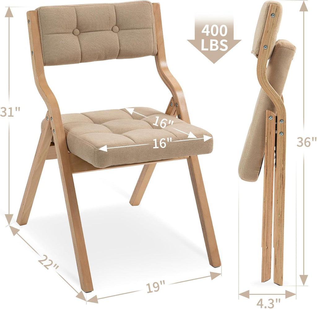 Padded Folding Chair,Folding Chair with Cushion 2 Pack,Wooden Folding Chairs and Comfortable Chairs Seat for Indoor, Kitchen, Office, Wedding Party and Dining Khaki