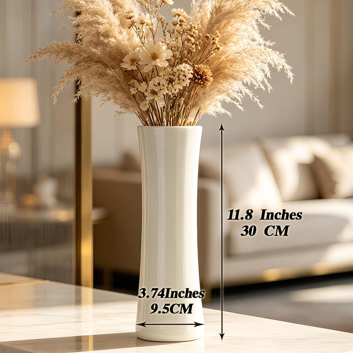 12 Inch White Vase Ceramic Flower Vase, Tall Vases for Pampas Grass, Home Decor, Modern Textured Vases for Living Room Decorations,Table Centerpieces,Shelf,Farmhouse Small Ceramic Vase