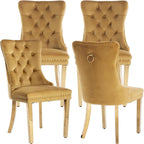 Luxury Upholstered Dining Chairs Set of 4, Yellow Kitchen Chair with Golden Metal Legs, Velvet Tufted Back Dining Chair, Sillas de Comedor, Modern Kitchen & Dining Room Chairs (Gold, 4 Pcs)
