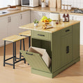 ONBRILL Stationary Kitchen Islands Include 2 Chairs, 47" Kitchen Island with Drop Leaf, Home Bar Table with Spice Rack & with Trash Cabinet, Island Table for Dining Room with Power Outlet, Green