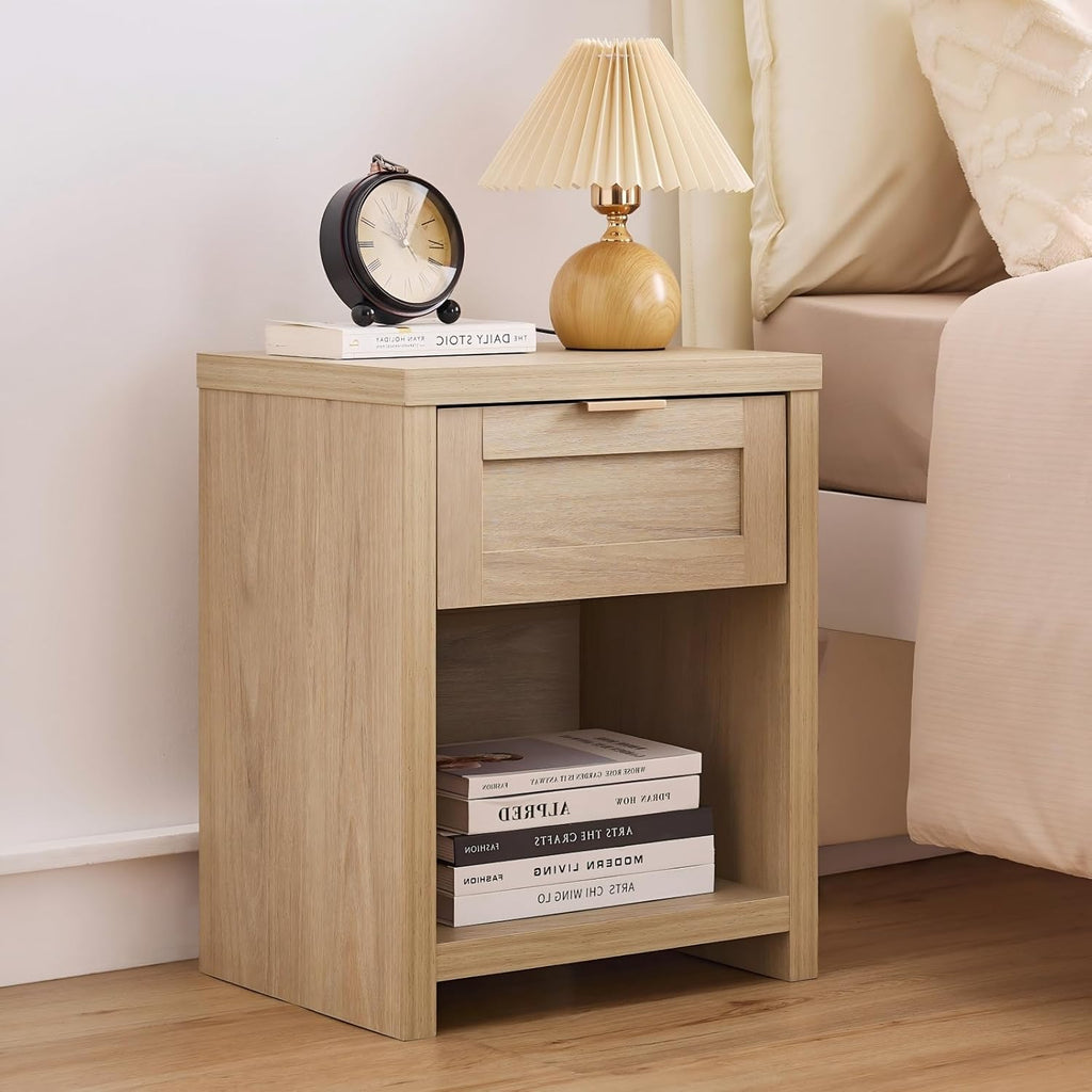 Walsham Natural Nightstands, Light Weathered Oak, 2 Set | Boho Bed Side Table, Minimalist Night Stand, Drawer and Storage Shelf, Farmhouse End Tables