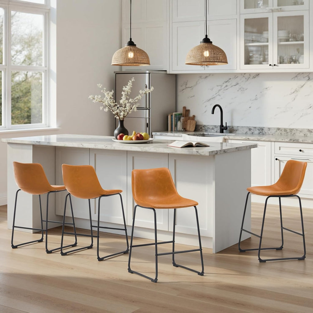 STOOLINK 26 Inch Bar Stools Set of 2, Counter Height Bar stools for Kitchen Island, Modern Crazy Horse Leather Bar Stool with Back and Metal Legs, Whiskey Brown