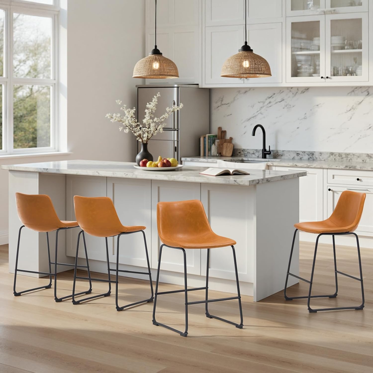 STOOLINK 26 Inch Bar Stools Set of 2, Counter Height Bar stools for Kitchen Island, Modern Crazy Horse Leather Bar Stool with Back and Metal Legs, Whiskey Brown