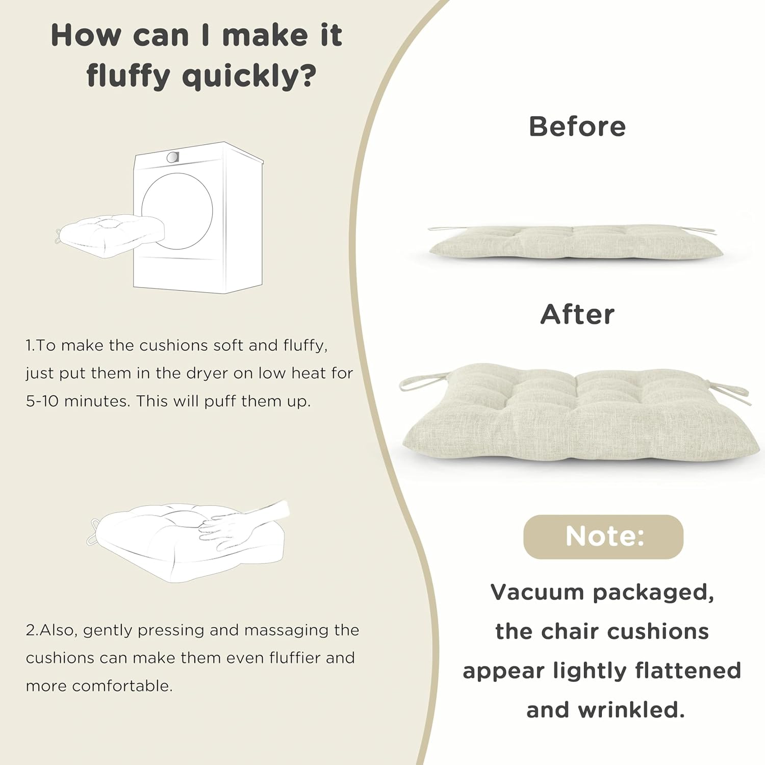 AddGrace Rocking Chair Cushions Indoor Tufted Cushions for Rocking Chairs with Ties Comfortable Textured Fabric Set of Seat & Back Cushion 21x17/17x17 Ivory