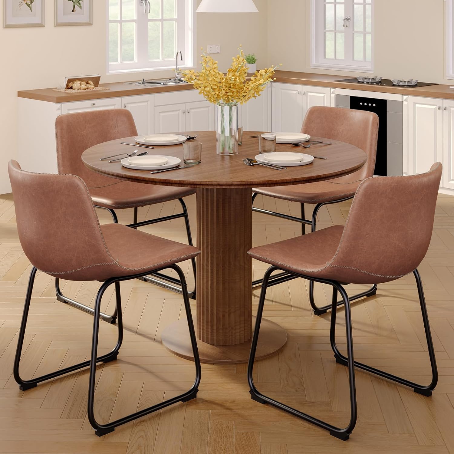Dining Chairs Set of 2, 18 Inch Faux Leather Kitchen Chairs with Back, Modern Armless Dining Room Chair with Metal Legs for Home Bistro Coffee Shops (Dark Brown)