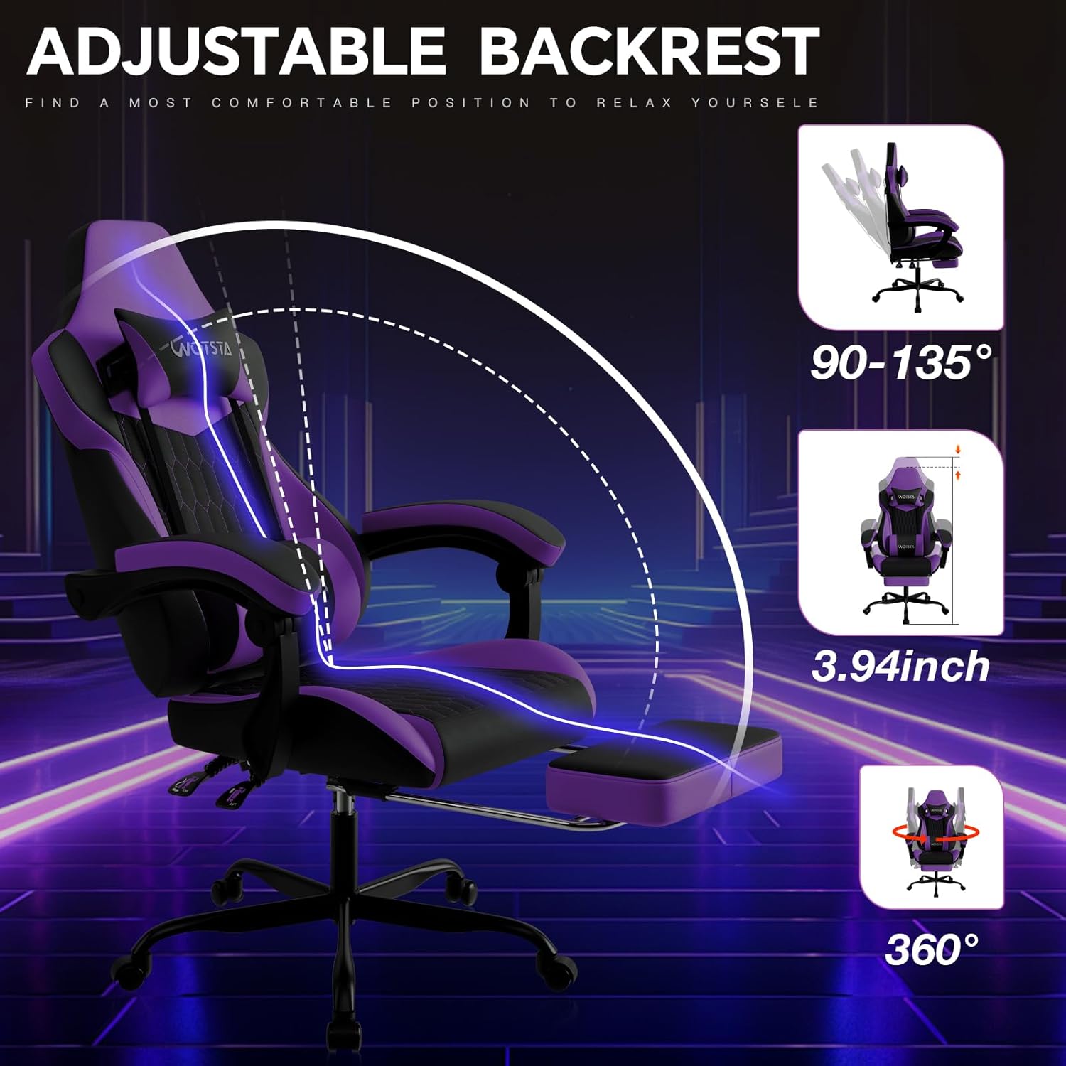 Gaming Chair with Footrest, High Back Gaming Chairs PVC Leather Ergonomic Gamer Chair with Adjustable Headrest Lumbar Support Racing Style Video Gaming Chair for Office/Home (Purple)