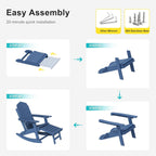 HDPE Adirondack Rocking Chair Set of 2, 4-in-1 Folding Design with Retractable Ottoman, Outdoor Adirondack Chair with 3-Position Adjustable Backrest & Cup Holder for Porch, Backyard, Pool, Navy Blue