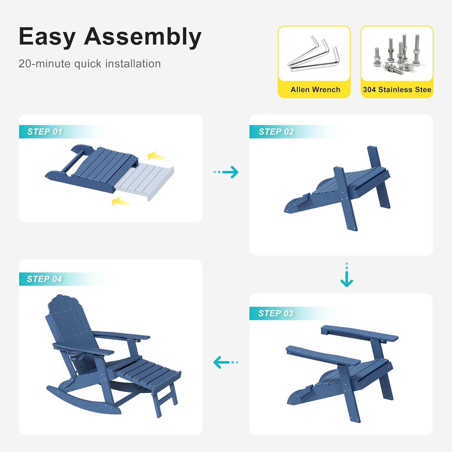 HDPE Adirondack Rocking Chair Set of 2, 4-in-1 Folding Design with Retractable Ottoman, Outdoor Adirondack Chair with 3-Position Adjustable Backrest & Cup Holder for Porch, Backyard, Pool, Navy Blue