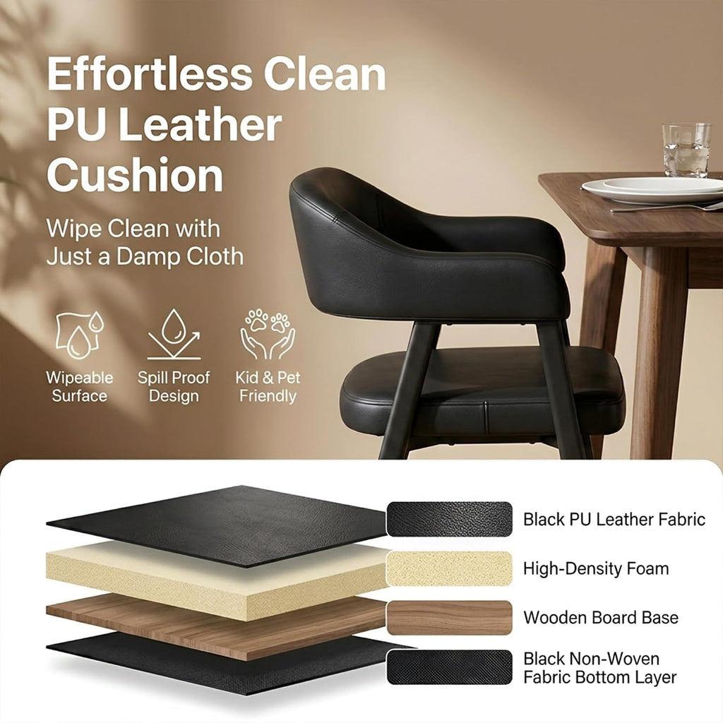 HNY Modern Dining Room Arm Chairs Set of 6, Retro Faux Leather Upholstered Barrel Dining Chairs with Arms Mid-Century Black Accent Chair with Metal Legs, Open-Back Kitchen Side Chair for Living Room