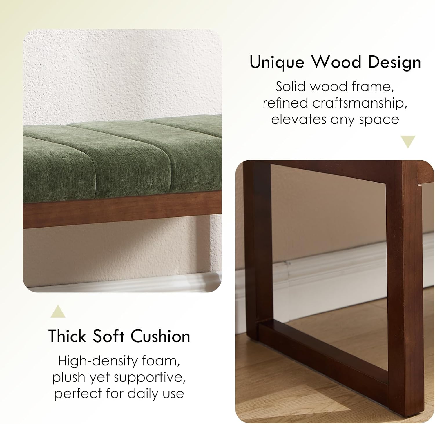 53.2" Upholstered End of Bed Bench, Modern Chenille Fabric Bedroom Bench with Cushion, Padded Dining Bench Entryway Bench with Solid Wood Frame for Bedroom, Living Room, Green