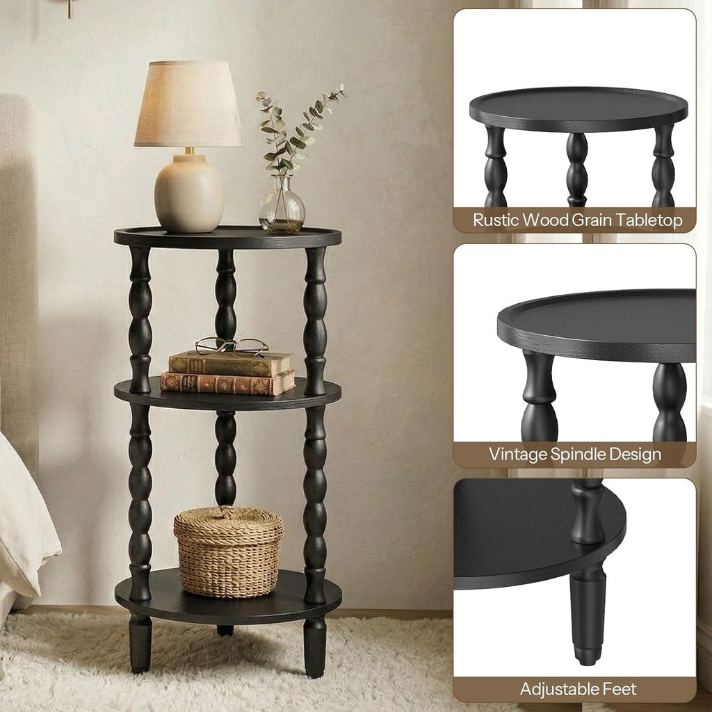 HOOBRO Round Side Table for Small Space, 3-Tier Small Round End Table with Rubberwood Leg, Accent Bedside Table, Circle Nightstand, Living Room, Bedroom, Sofa Couch, Black BK218BZ01