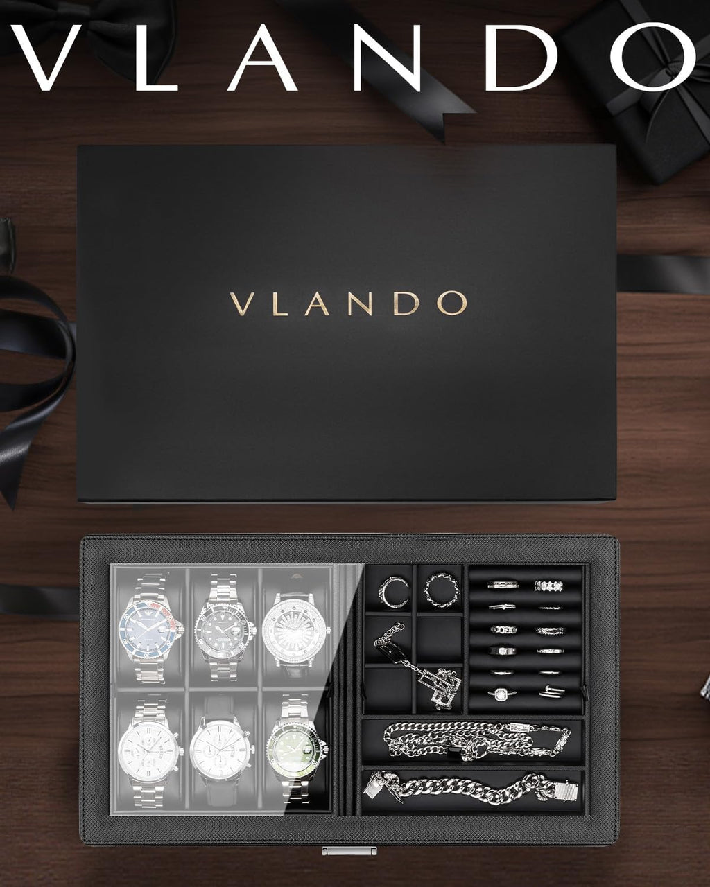 VLANDO 6-Slot Watch Box for Men, Lockable 2-Layer Organizer with Glass Lid, Textured Leather Case for Watches, Rings, Bracelets and Glasses, Gift for Husband or Dad