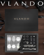 VLANDO 6-Slot Watch Box for Men, Lockable 2-Layer Organizer with Glass Lid, Textured Leather Case for Watches, Rings, Bracelets and Glasses, Gift for Husband or Dad