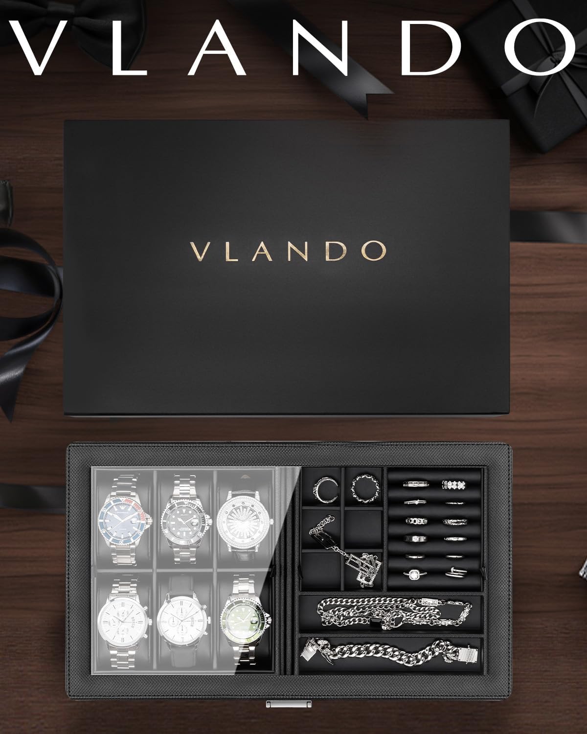 VLANDO 6-Slot Watch Box for Men, Lockable 2-Layer Organizer with Glass Lid, Textured Leather Case for Watches, Rings, Bracelets and Glasses, Gift for Husband or Dad