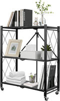 3-Tier Foldable Storage Shelf with Wheels, Metal Collapsible Shelving Unit, Rolling Utility Cart for Kitchen Pantry Closet Office, Pre-Assembled Storage Rack Organizer