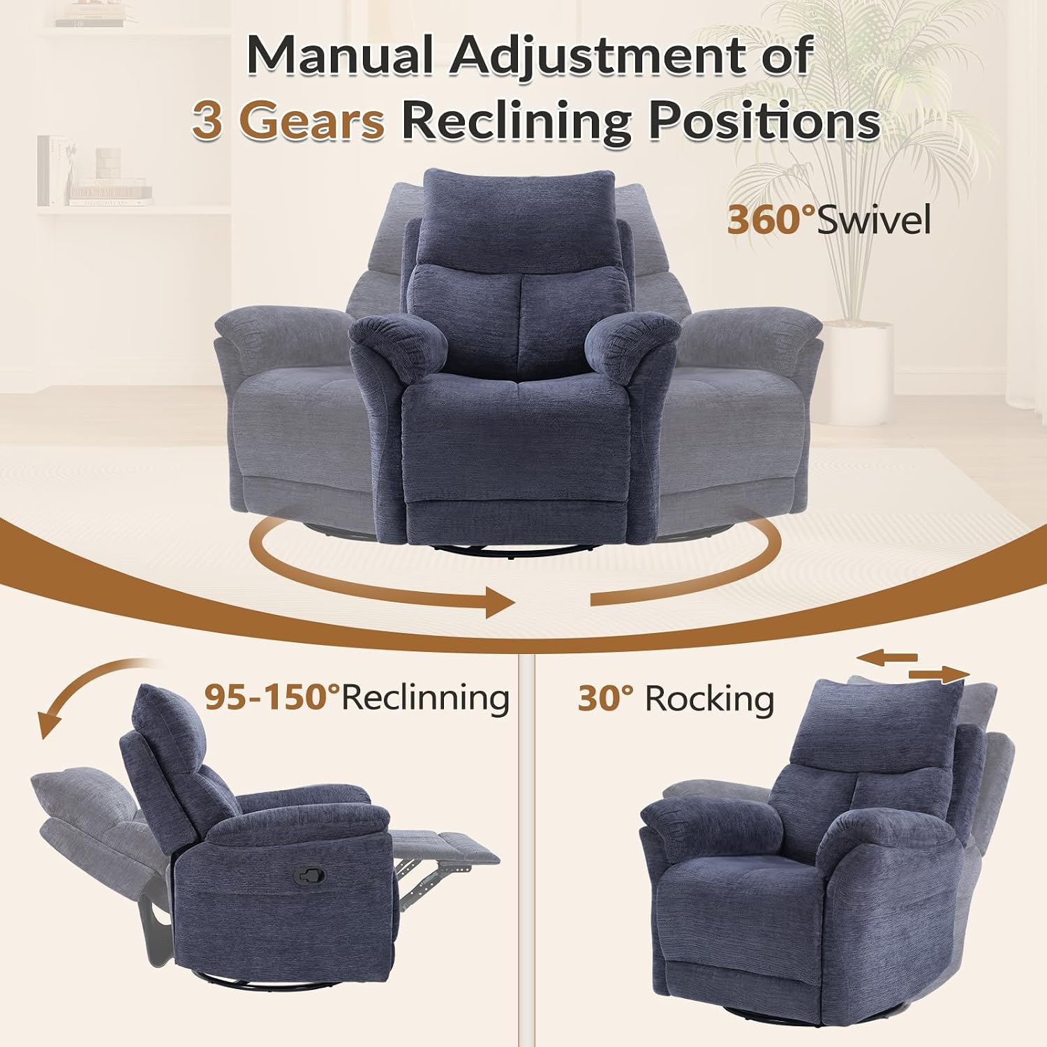 ANJ Swivel Rocker Recliner Chair Nursery Manual Glider Rocking Recliner Chairs for Adults, Fabric Rocking Chair Nursery, 360° Swivel Lazy Boy Recliner Chairs for Living Room, Slate Blue