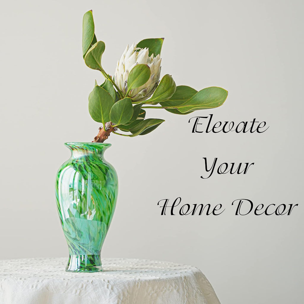 Hand Blown Green Classic Vase for Home Decor, 11.5Inch Glass Flower Vase for Shelf Decor, Living Room Decor, Centerpieces, Unique Gift for Her Mom Sister Friends