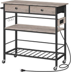 HOOBRO Kitchen Island with Storage, Rolling Island Cart for Kitchen with 2 Drawers & Outlet, 3 Tier Coffee Station and Microwave Stand, Kitchen Island Table for Home, Greige BG08UZD01