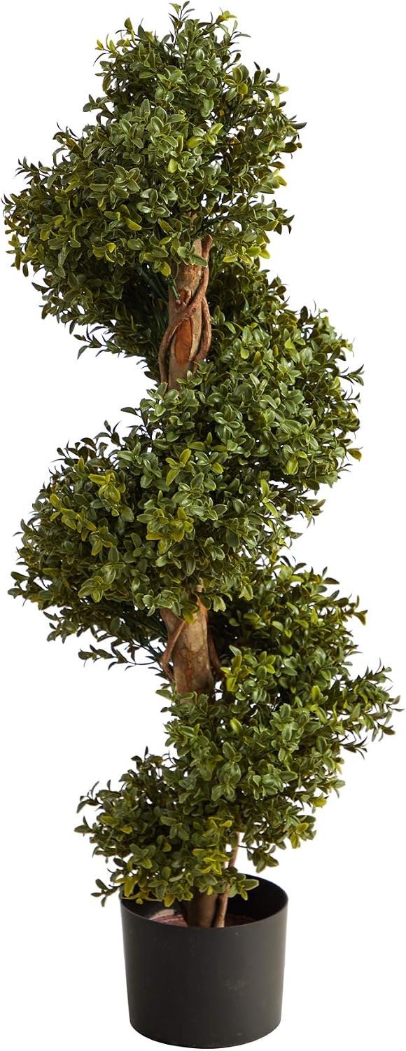 Nearly Natural 33in. Artificial Boxwood Spiral Topiary, Faux Greenery with Black Planter, Indoor/Outdoor Decor