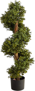 Nearly Natural 33in. Artificial Boxwood Spiral Topiary, Faux Greenery with Black Planter, Indoor/Outdoor Decor