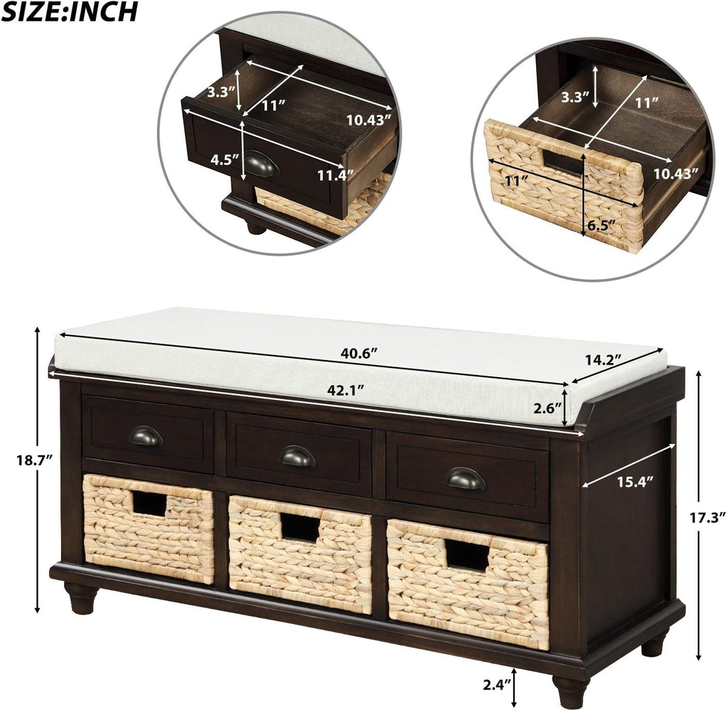 Rustic Storage Bench Narrow Entryway Bench with 3 Drawers and 3 Rattan Baskets Shoe Bench for Hallway Living Room Entryway Espresso Easy Assembly 42.1''× 15.40''× 21''