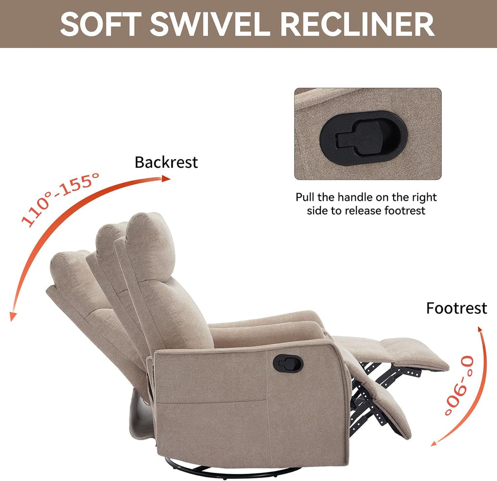 Rocker Recliner Chair for Adults, Swivel Rocker Recliner with Massage and Heat, Adjustable Glider Recliner Nursery Chair with Black Metal Base, Small Recliners for Small Spaces, Living Room (Khaki)