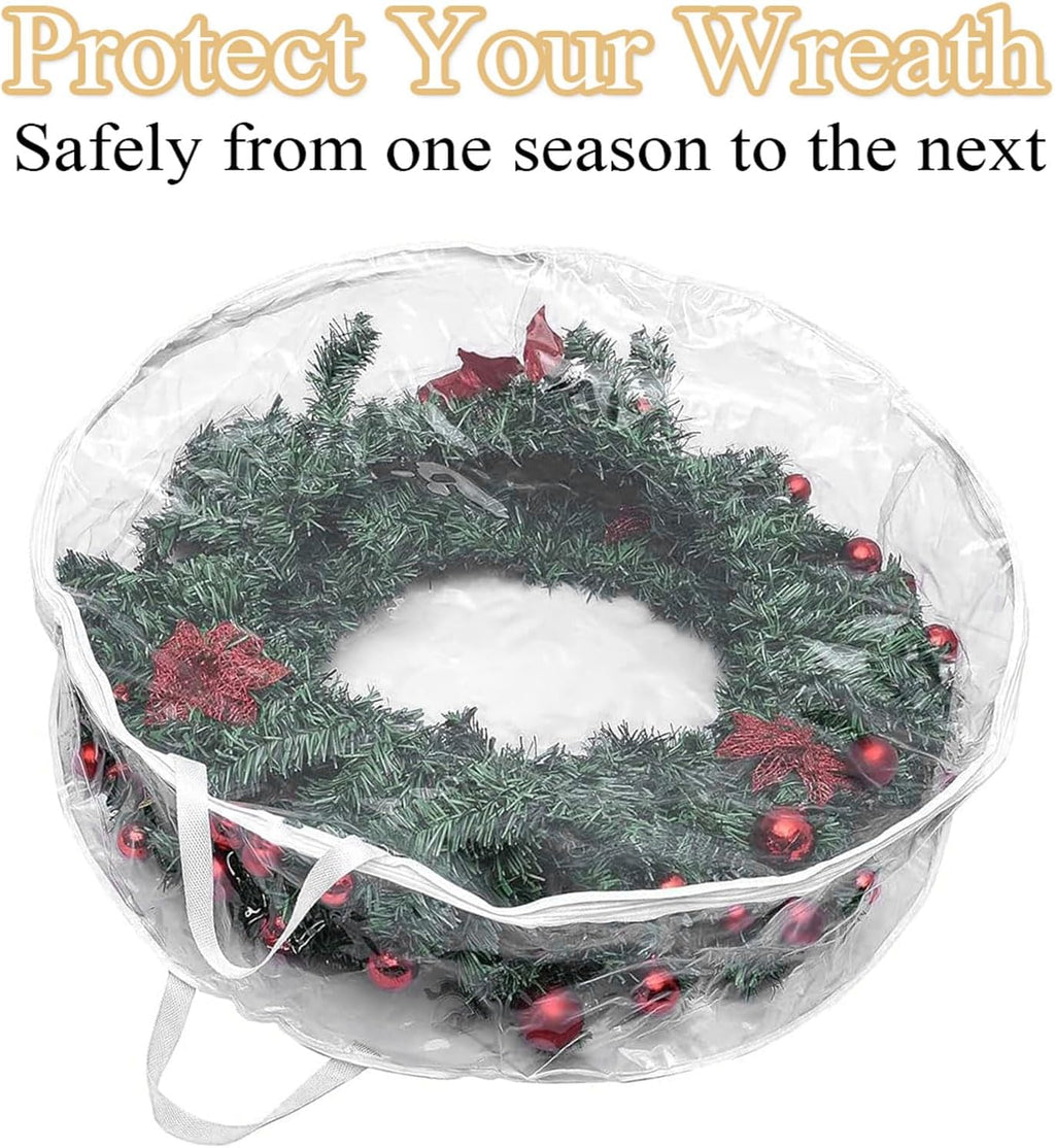 4 PCS Clear Wreath Storage Bag, 24x8 Inch Christmas Wreath Storage Container, Heavy Duty PVC Wreath Protector with Handle for Xmas Holiday Seasonal Wreath Garland (White)