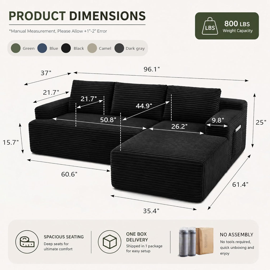 Boneless Couch Comfy Sectional Couches for Living Room,U Shaped Modular Cloud Couch Sofa, Minimalist Modular Sectional Sofa with Deep Seat (Black, 96" L Shaped with Right Facing Chaise)