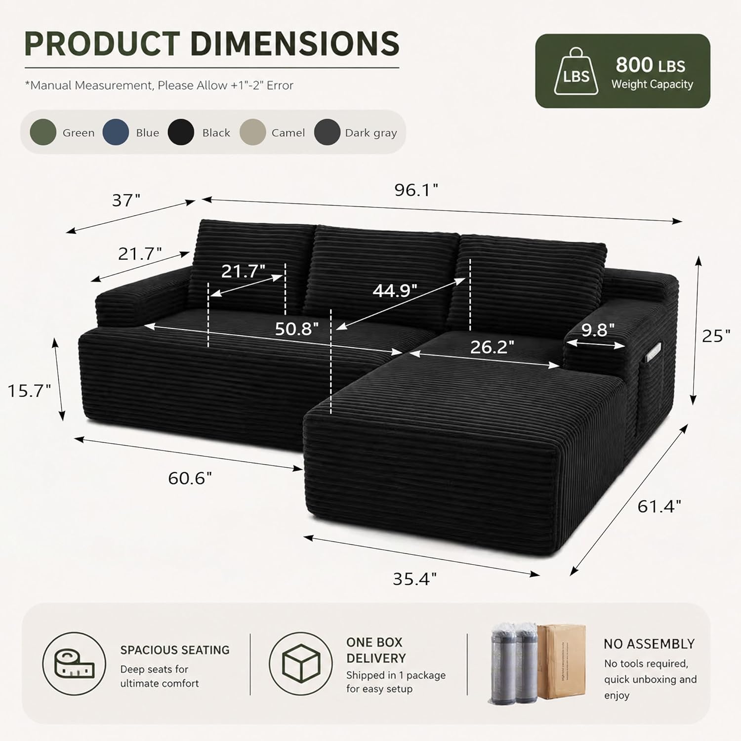 Boneless Couch Comfy Sectional Couches for Living Room,U Shaped Modular Cloud Couch Sofa, Minimalist Modular Sectional Sofa with Deep Seat (Black, 96" L Shaped with Right Facing Chaise)