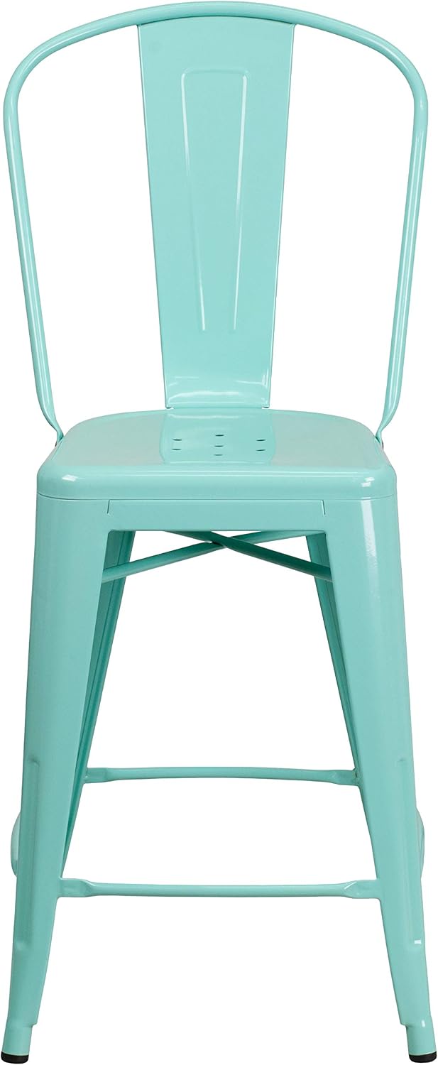 EMMA + OLIVER Commercial Grade 24" H Mint Green Metal Indoor-Outdoor Counter Stool w/Back